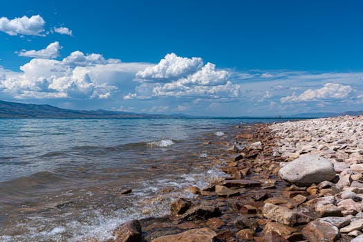 A tranquil rocky shoreline with crystal clear water under a bright blue sky and fluffy clouds.