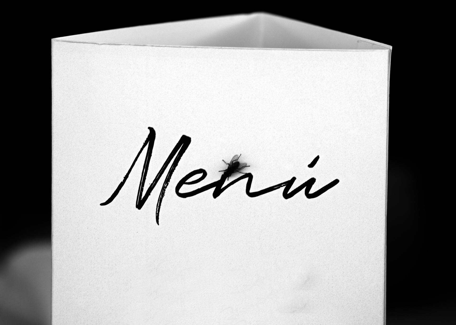 Artistic close-up of a menu card with a fly, in black and white.