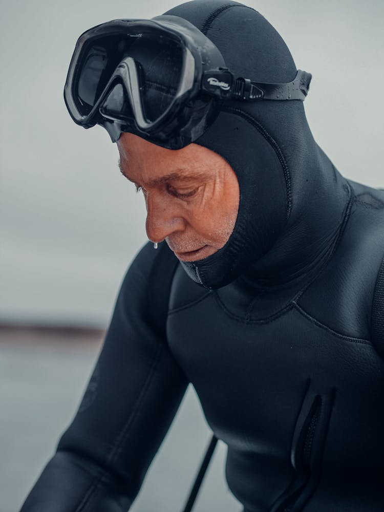 Close-Up Shot Of A Man In Black Wetsuit Wearing Googles