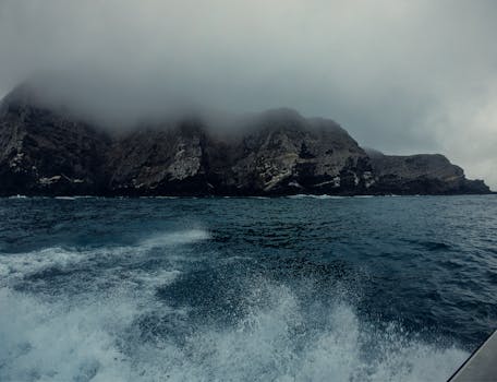 A dramatic seascape featuring fog-covered cliffs and crashing ocean waves under cloudy skies.
