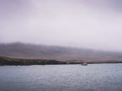 渔船在崎岖的海岸线附近平静、多雾的水域航行，营造出宁静的景象