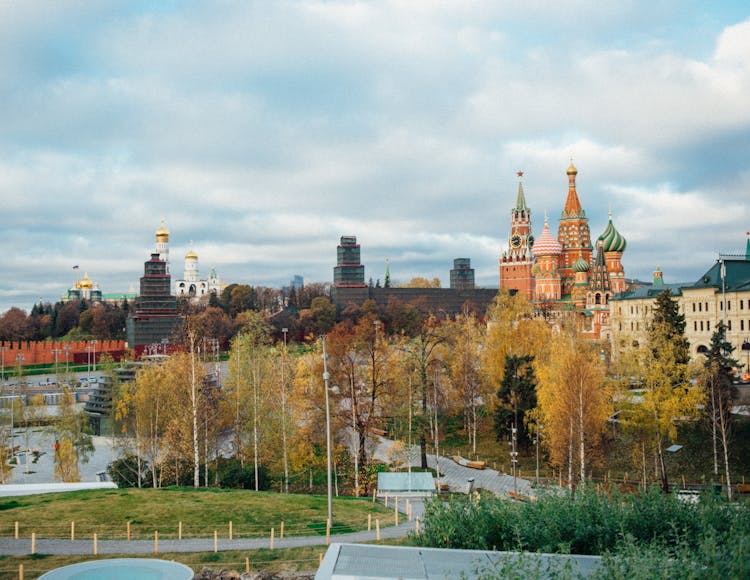 View Of A Public Park In Autumn With Saint Basils Cathedral In The Background