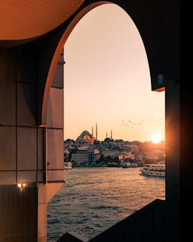 Stunning sunset over Istanbul's skyline, showcasing iconic mosques and bustling waters.