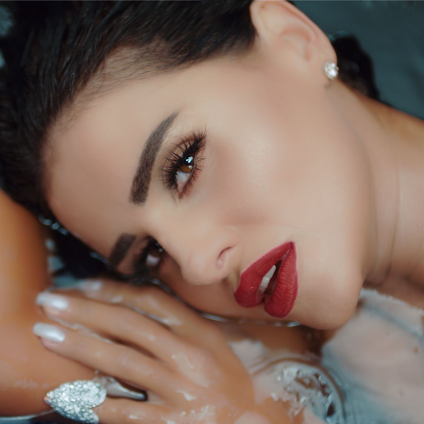 Glamorous brunette editorial portrait with wine-colored lips