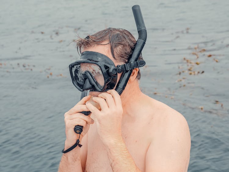 Topless Man Wearing Snorkel