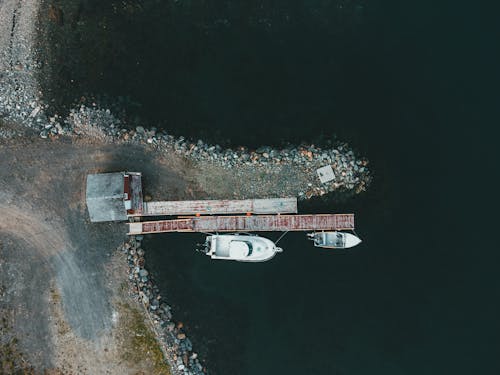 Two Motorboats Moored to a Lakeshore Jetty