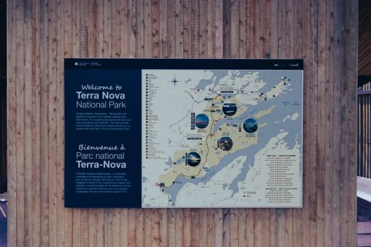 Map and information board of Terra Nova National Park, Canada.