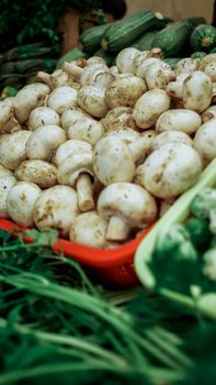 Close-up of fresh organic white mushrooms in a market setting with green vegetables.