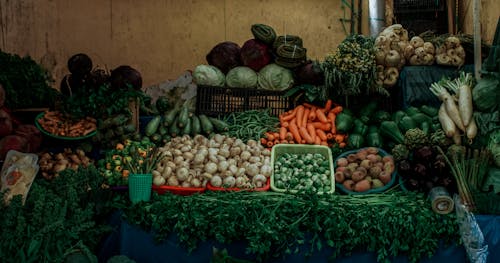 Stall of Fresh Produce Vegetables on a Market 