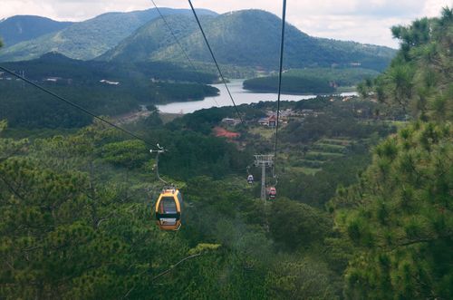 Free A breathtaking view of cable cars traversing over lush forests and a tranquil lake. Stock Photo