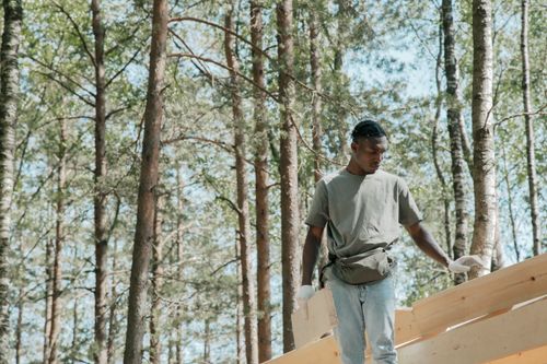 Free Man working on wooden construction in forest, showcasing carpentry skills. Stock Photo