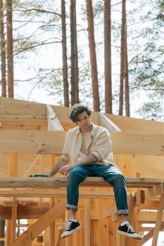 A young male carpenter sits on a wooden structure outdoors, surrounded by trees.
