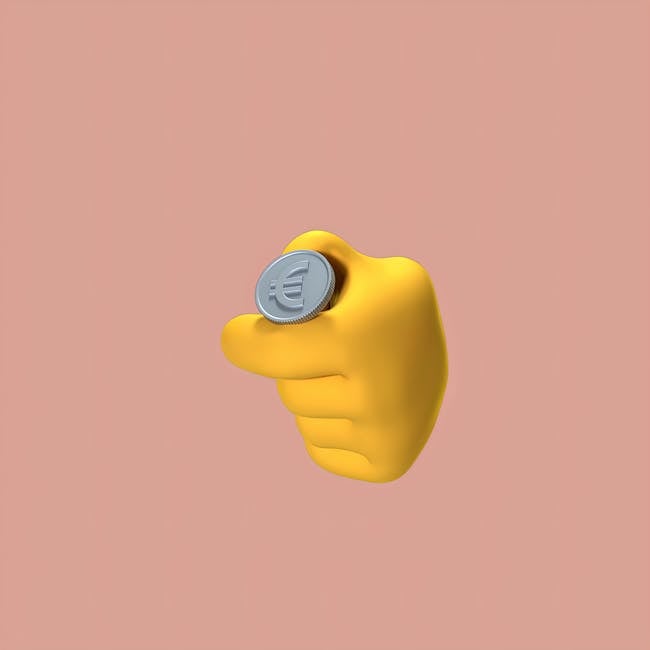 3D illustration of a yellow hand holding a Euro coin against a pink background