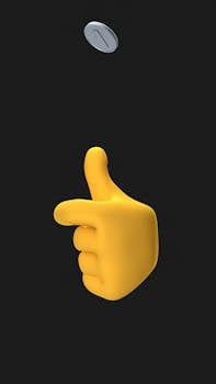 A 3D yellow hand making a thumbs up gesture on a black background with a coin flip above.