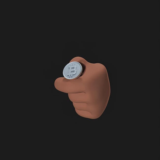 3D illustration of a hand holding a Bitcoin coin against a black background