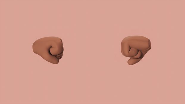 Two 3D rendered fists facing each other with a soft pink background, symbolizing strength and unity.