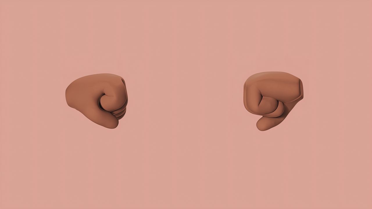 two 3d rendered fists facing each other with a soft pink background sy