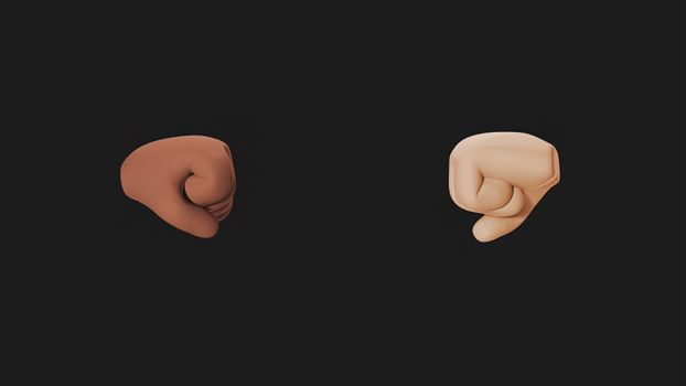 Symbolic 3D fists facing each other on a dark background, representing diversity.