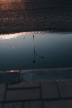 A serene reflection of a street lamp in a puddle at dusk, capturing rain's aftermath.