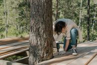 Man Using an Electric Screwdriver on Wood Plank