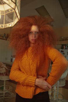Red-haired person in orange sweater posing indoors, showcasing unique curly style and warm ambiance.