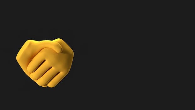 Modern 3D rendering of a yellow handshake emoji on a black background, symbolizing agreement.