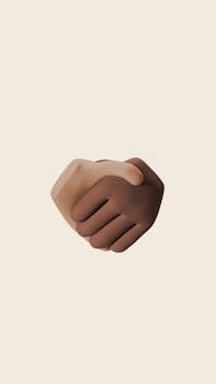 A minimalist 3D depiction of two hands in a handshake symbolizing unity and diversity.