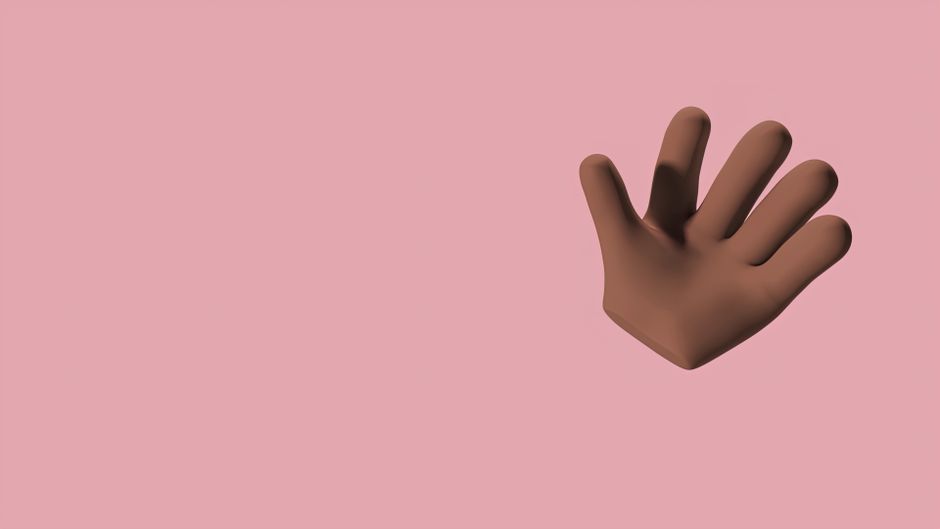 3D rendered brown hand making a greeting gesture on a pink background.