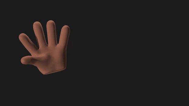 3D rendered image of a hand showing greetings on a dark backdrop.