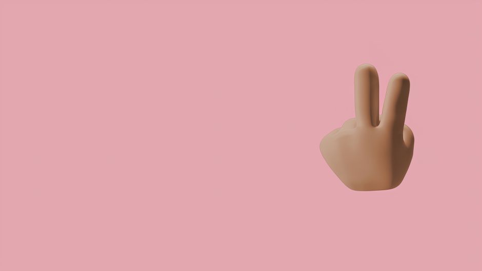 3D illustration of a peace sign emoji hand on a pink backdrop.
