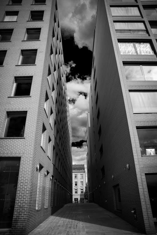 Grayscale Photo of a Pathway between Buildings
