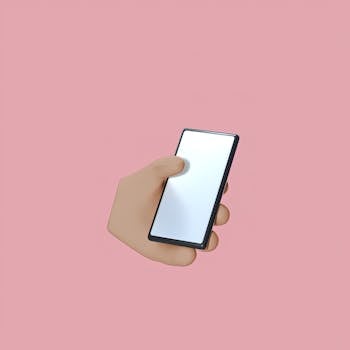 3D cartoon hand holding a smartphone against a pink background.