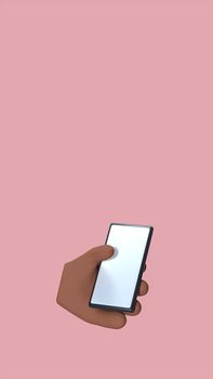 3D rendering of a hand holding a smartphone against a light pink background.