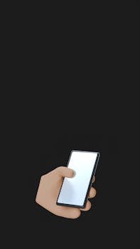 3D illustration featuring a hand holding a smartphone on a black background.