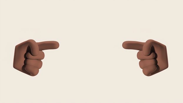 3D illustration of two brown animated hands pointing in opposite directions on a neutral background.