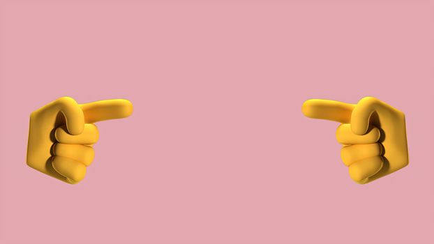 Bright yellow 3D hands pointing towards each other on a pink background, ideal for conceptual designs.