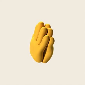 A 3D illustration of a yellow hand gesture resembling prayer on a white background.