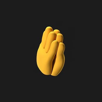 3D illustration of yellow praying hands on a black background, representing prayer and spirituality.