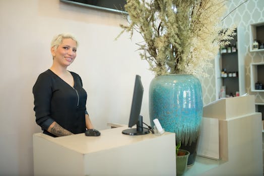 Friendly female receptionist at a stylish hair salon front desk in Portugal.