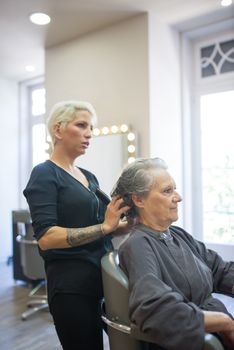 Hair stylist working on a senior woman's hair in a modern salon. Indoor setting with natural light.