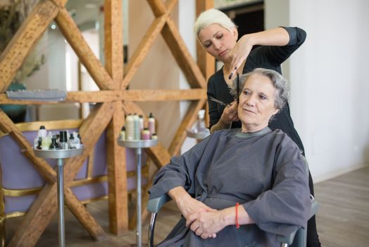 Senior woman gets a haircut from a hairstylist in a salon with wooden decor. Indoor setting.