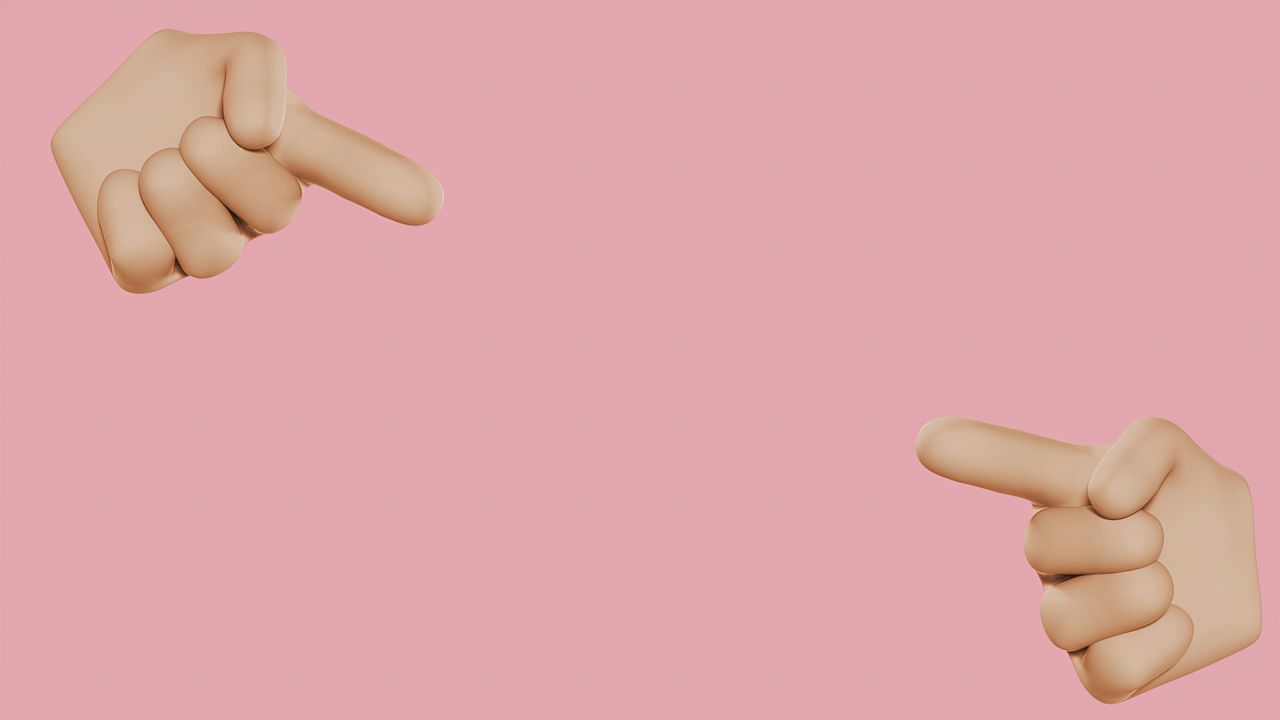 modern 3d rendered hands pointing towards each other on a pastel pink