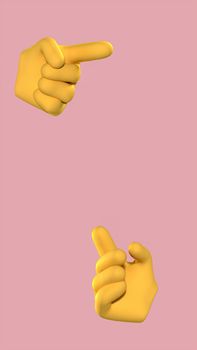 3D yellow cartoon hands pointing on a pink background.