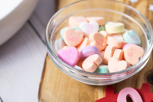 Heart Shaped Candies on Clear Glass Bowl