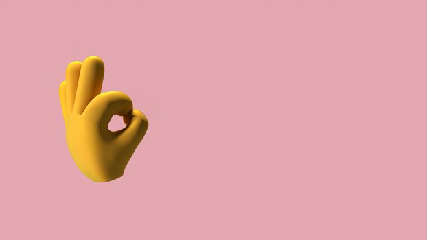 3D illustration of a yellow hand forming an OK sign against a pastel pink backdrop.