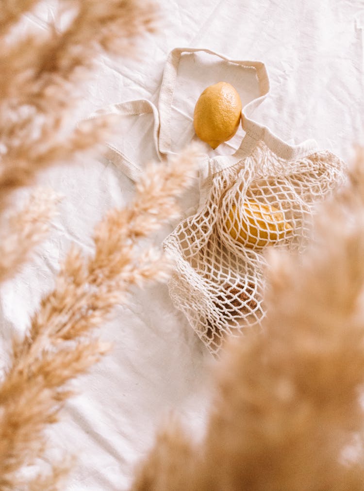 Mesh Net Bag With Lemons Behind Wheat Plant