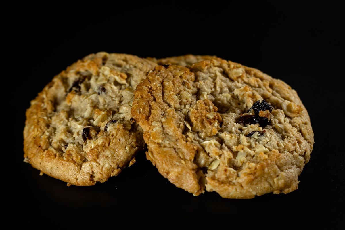 Close-up of homemade oatmeal raisin cookies