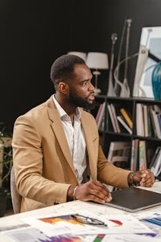 African American man in brown suit working in modern office environment