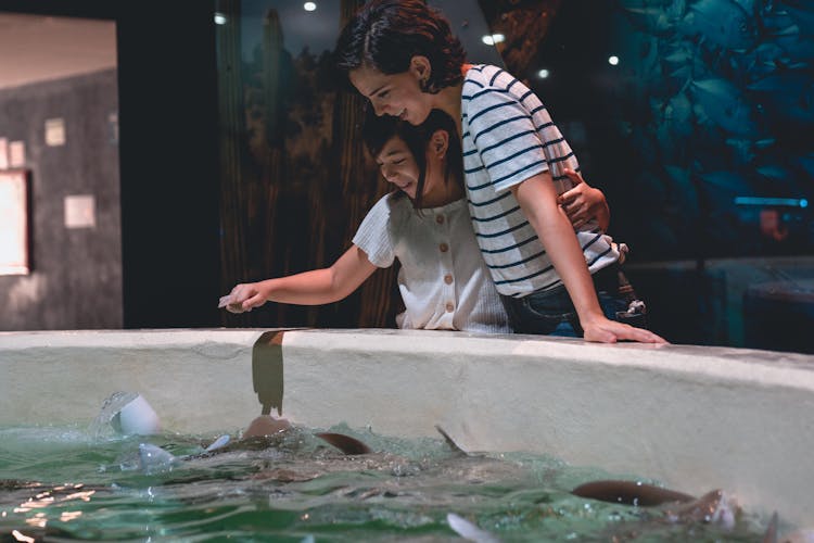 A Child And A Woman Looking At Marine Animals