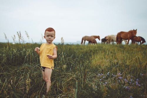 Boy in Yellow Shirt Standing on Green Grass Field
